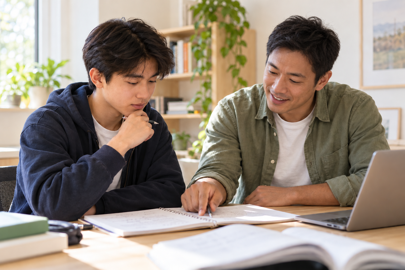 Illustrative scene of an Asian teenage student working through study material with an Asian male tutor.