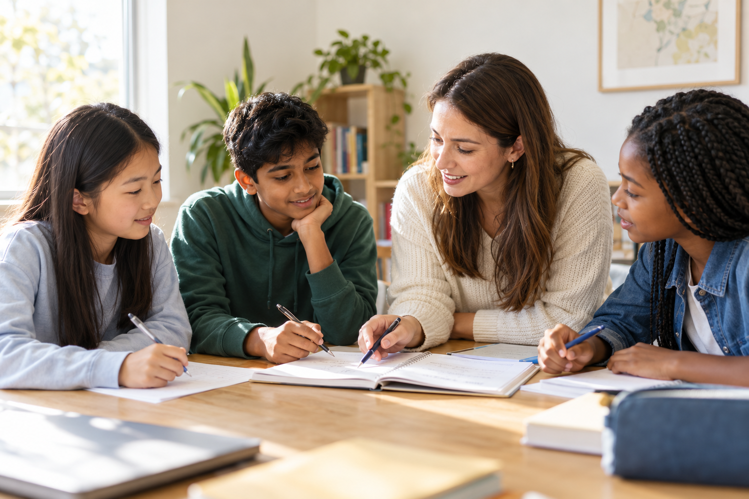 Illustrative scene of three students from different cultural backgrounds learning together with a woman tutor.